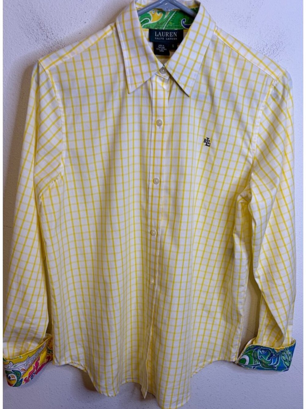 LAUREN RALPH LAUREN Yellow Plaid Paisley Cuff Long Sleeve Button Shirt Blouse S